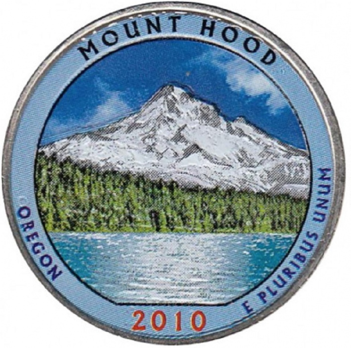 (005d) Монета США 2010 год 25 центов &quot;Маунт-Худ&quot;  Вариант №1 Медь-Никель  COLOR. Цветная