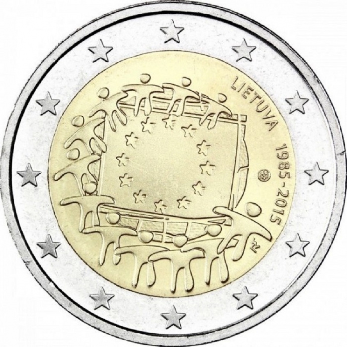 (001) Монета Литва 2015 год 2 евро &quot;30 лет флагу Европы&quot;  Биметалл  UNC