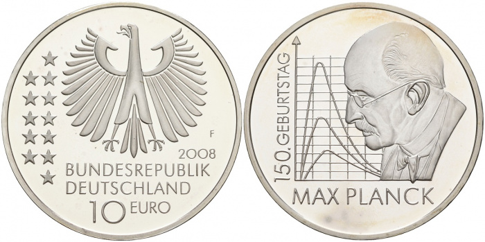 (2008F) Монета Германия (ФРГ) 2008 год 10 евро &quot;Макс Планк&quot;  Серебро Ag 925  UNC
