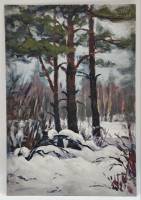 Картина Тулаев В. Н. 1976 г. Сосны в зимнем лесу Пейзаж масло картон 35х24 см