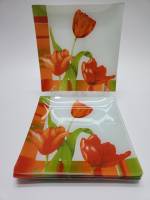 Тарелки 6 штук квадратные стекло Тюльпаны красные Arcofam