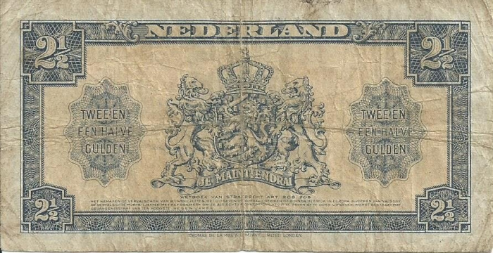 (№1945P-71a.1) Банкнота Нидерланды 1945 год &quot;2frac12; Gulden&quot;