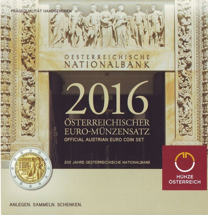 (2016, 8 монет) Набор монет Австрия 2016 год &quot;Банк Австрии. 200 лет&quot;  Буклет