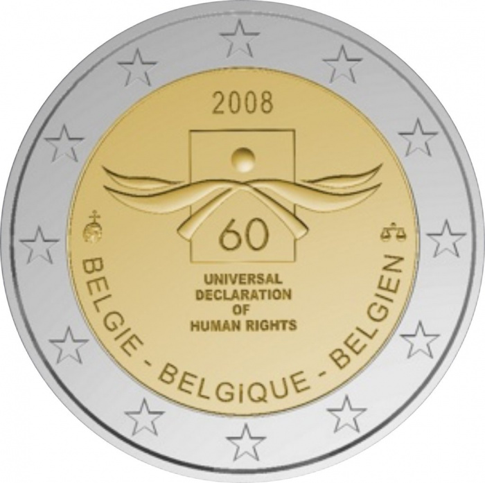 (004) Монета Бельгия 2008 год 2 евро &quot;Декларация прав человека 60 лет&quot;  Биметалл  UNC