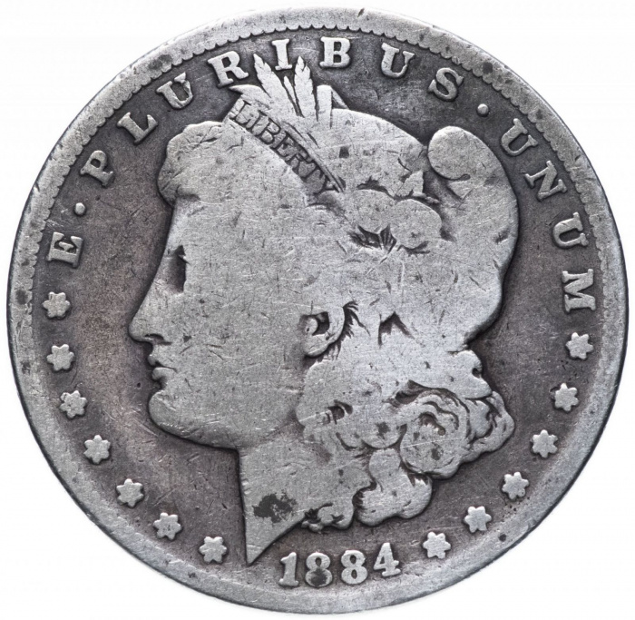 (1884) Монета США 1884 год 1 доллар   Голова Свободы, Морган, Белоговый Орлан Серебро Ag 900  F