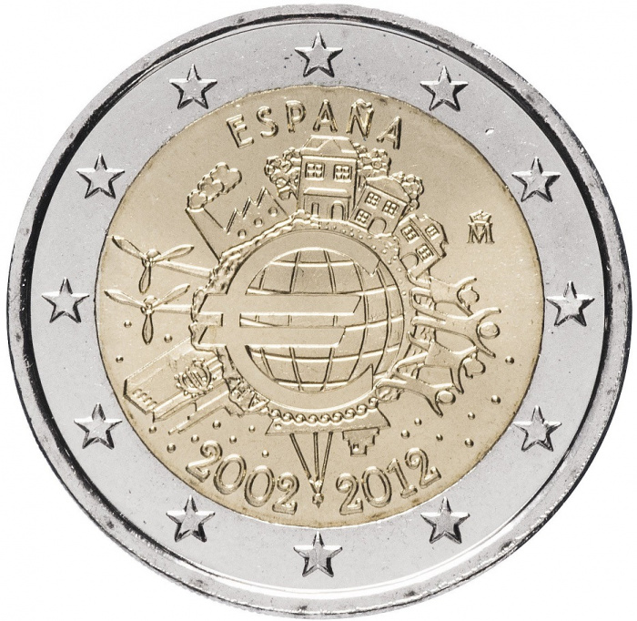 (006) Монета Испания 2012 год 2 евро &quot;10 лет наличному обращению Евро&quot;  Биметалл  UNC