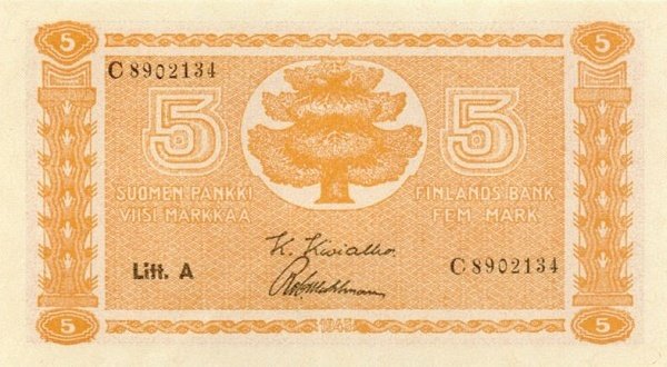 (1945 Litt A) Банкнота Финляндия 1945 год 5 марок  Kivialho - Wahlman  UNC