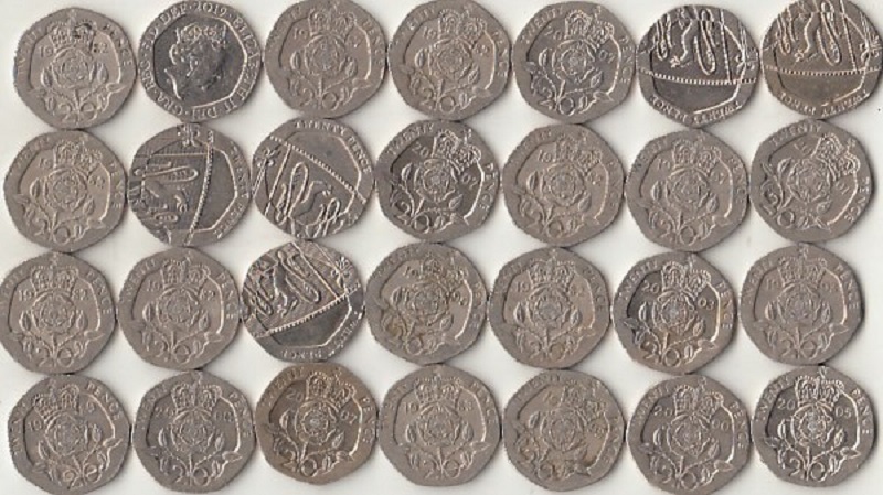 Монеты 20 пенсов Англия 28 шт (сост. на фото)