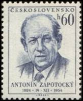 (1954-045) Марка Чехословакия "А. Запотоцкий (Черно-синяя)"    70-летие Антонина Запотоцкого II Θ