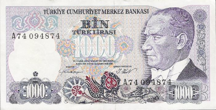 (,) Банкнота Турция 1986 год 1 000 лир &quot;Мустафа Кемаль Ататюрк&quot;   UNC