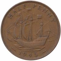 (1945) Монета Великобритания 1945 год 1/2 пенни "Галеон Золотая лань"  Медь  XF
