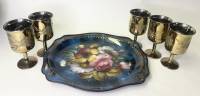 Набор посуды поднос металл эмаль + 5 рюмок хрусталь позолота