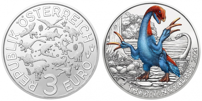 (015) Монета Австрия 2021 год 3 евро &quot;Теризинозавр&quot;  Цветная Медь-Никель  UNC