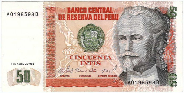 (1985) Банкнота Перу 1985 год 50 инти &quot;Николас де Пьерола&quot;   UNC