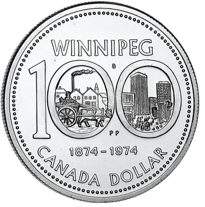 (1974) Монета Канада 1974 год 1 доллар &quot;Виннипег. 100 лет&quot;  Серебро Ag 500  UNC