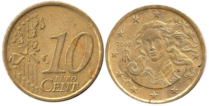 (2002) Монета Италия 2002 год 10 центов  1. Старая карта ЕС Латунь  VF