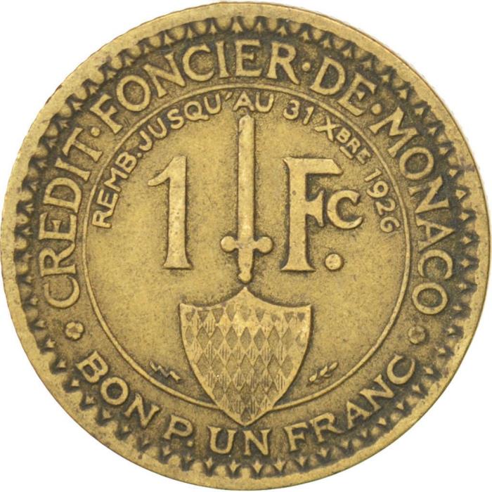 (1924) Монета Монако 1924 год 1 франк &quot;Геркулес&quot;  Бронза  VF