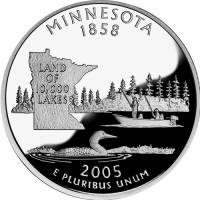 (032s, Ag) Монета США 2005 год 25 центов "Миннесота"  Серебро Ag 900  PROOF