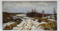 Картина Тулаев В. Н. 1975 г. Вечер в поле весной Пейзаж масло картон 35х20 см