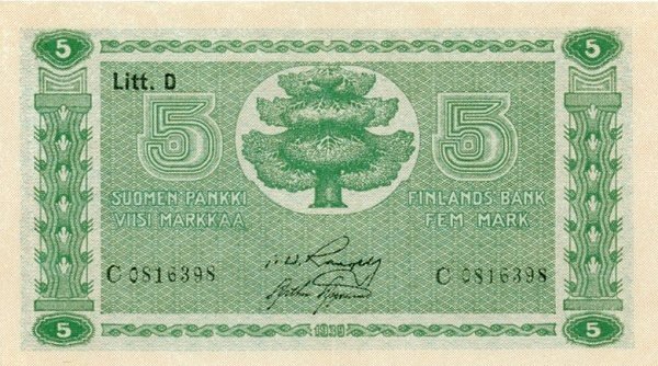 (1939 Litt D) Банкнота Финляндия 1939 год 5 марок  Rangell - Aspelund  UNC