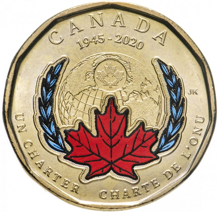 (2020) Монета Канада 2020 год 1 доллар &quot;ООН. 75 лет&quot;  Цветная Латунь  UNC