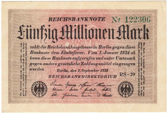 (1923) Банкнота Германия 1923 год 50 000 000 марок &quot;Вод знак Звёзды&quot; 6-й выпуск, белая бум  XF