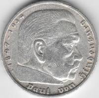 1935a Монета Германия 5 марок Пауль Гинденбург Серебро Ag 900  XF
