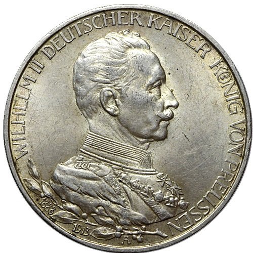 (1913A) Монета Германия 1913 год 3 марки &quot;Вильгельм II 25 лет коронации&quot;  Серебро Ag 900  UNC
