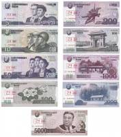 2002-2008, 9шт, 5 - 5000 вон Набор бон Северная Корея 2002-2008 год Образцы    UNC