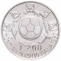 (1989) Монета Италия 1989 год 200 лир "ЧМ по футболу Италия 1990"  Серебро Ag 835  UNC