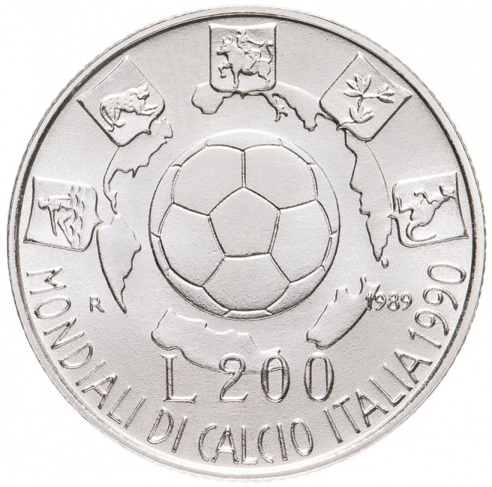 (1989) Монета Италия 1989 год 200 лир &quot;ЧМ по футболу Италия 1990&quot;  Серебро Ag 835  UNC