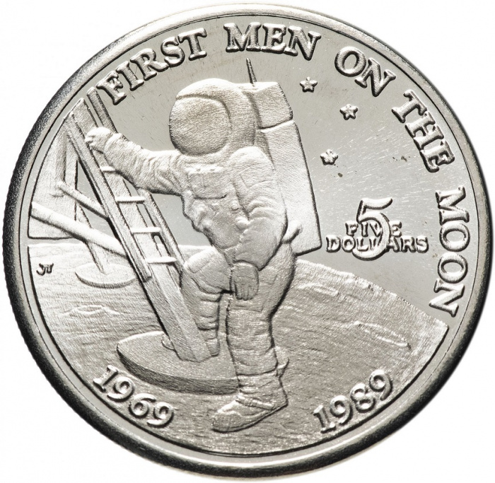(1989) Монета Маршалловы Острова 1989 год 5 долларов &quot;Первый человек на Луне&quot;  Мельхиор  UNC