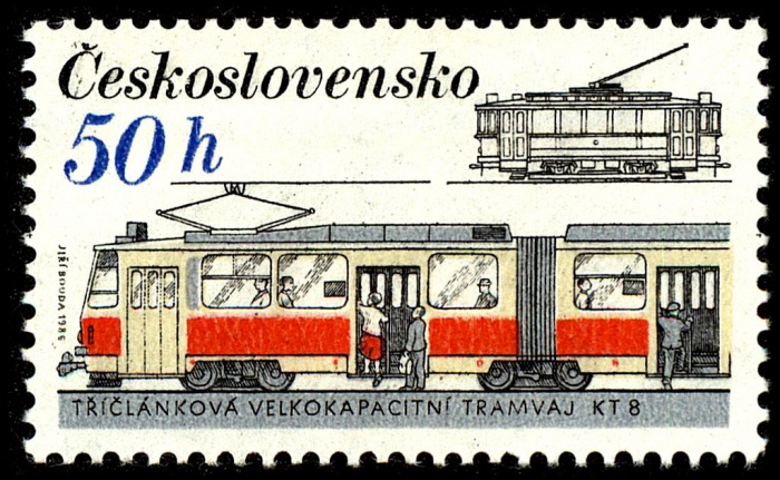 (1986-037) Марка Чехословакия &quot;Локомотивы и трамваи КТ 8&quot;    Рельсовый транспорт II Θ