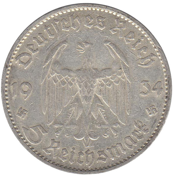 (1934d) Монета Германия 1934 год 5 марок &quot;Кирха в Потсдаме&quot;  Без подписи Серебро Ag 900  VF