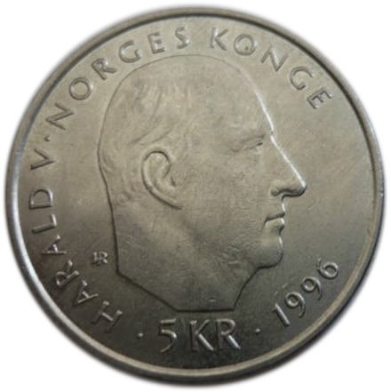 (1996) Монета Норвегия 1996 год 5 крон &quot;Экспедиция Ф. Нансена. 100 лет&quot;  Медь-Никель  XF