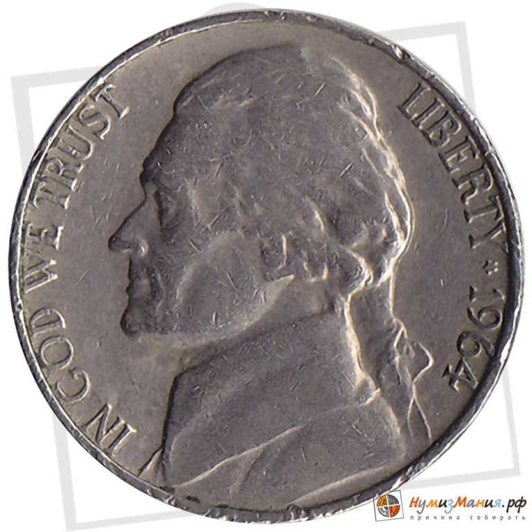 (1964) Монета США 1964 год 5 центов   Томас Джефферсон Медь-Никель  VF