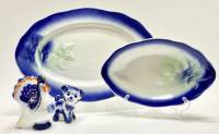 Блюдо овальное Стройфаянс 2 шт + статуэтки Гжель курочка и пес 