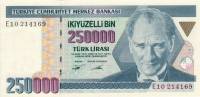 (,) Банкнота Турция 1995 год 250 000 лир "Мустафа Кемаль Ататюрк"   UNC