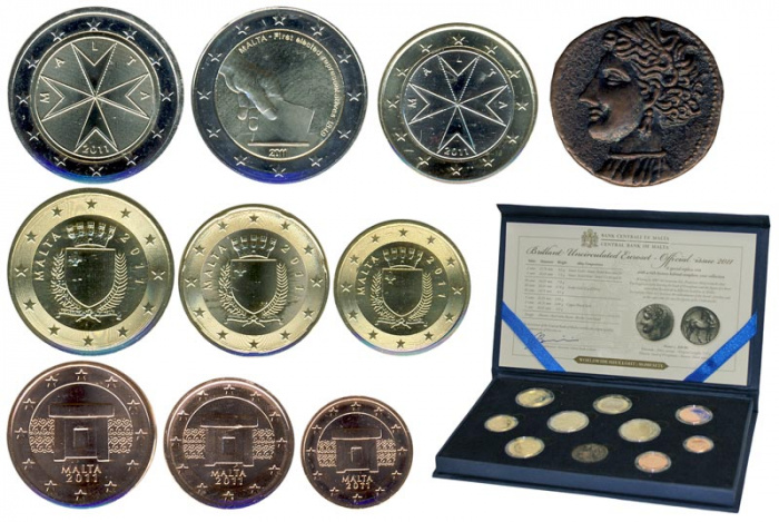 (2011, 9 монет + жетон) Набор монет Мальта 2011 год &quot;История денежного обращения&quot;   Коробка