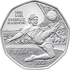(012) Монета Австрия 2008 год 5 евро &quot;ЧЕ по футболу Австрия-Швейцария 2008 1 игрок&quot;  Серебро Ag 800 