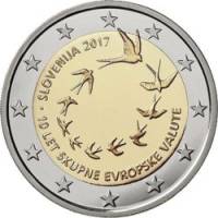 (012) Монета Словения 2017 год 2 евро "10 лет евро в Словении"  Биметалл  VF