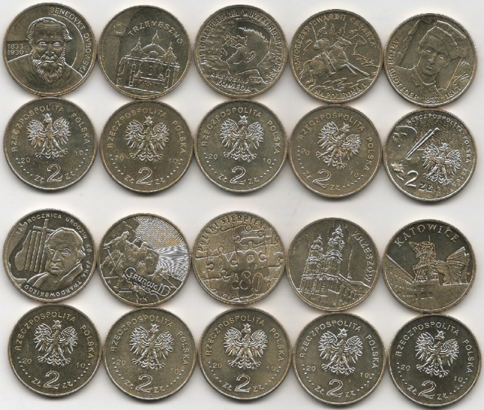 189 193 196-198 200 202 204-206 10 монет по 2 злотых Набор монет Польша 2010 год   UNC
