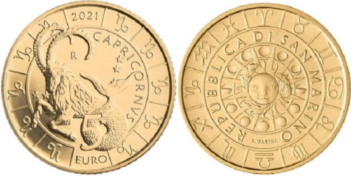 (2021) Монета Сан-Марино 2021 год 5 евро &quot;Козерог&quot;  Латунь  UNC