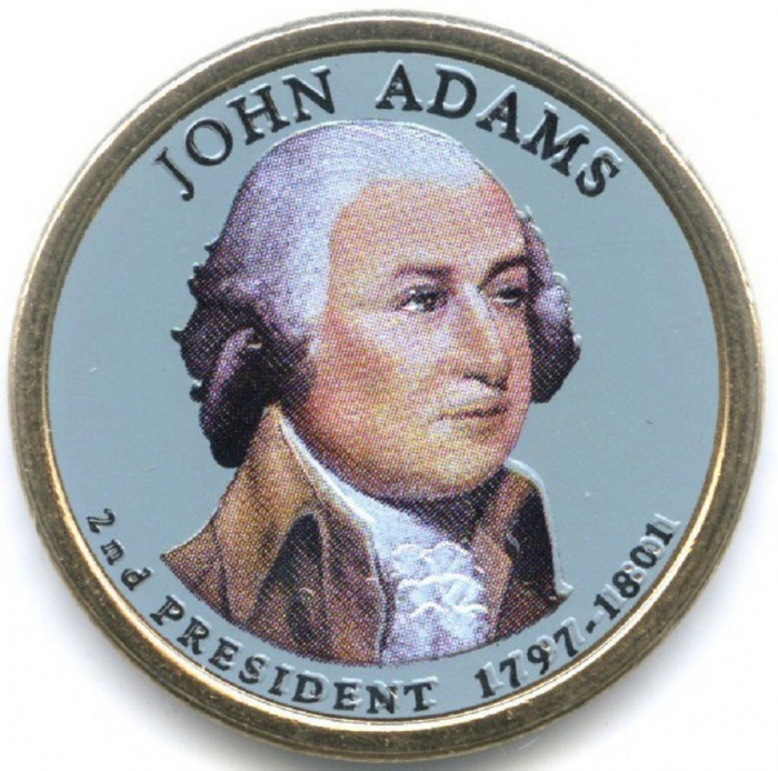 02d Монета США 2007 год 1 доллар Джон Адамс  Вариант №1 Латунь  COLOR. Цветная