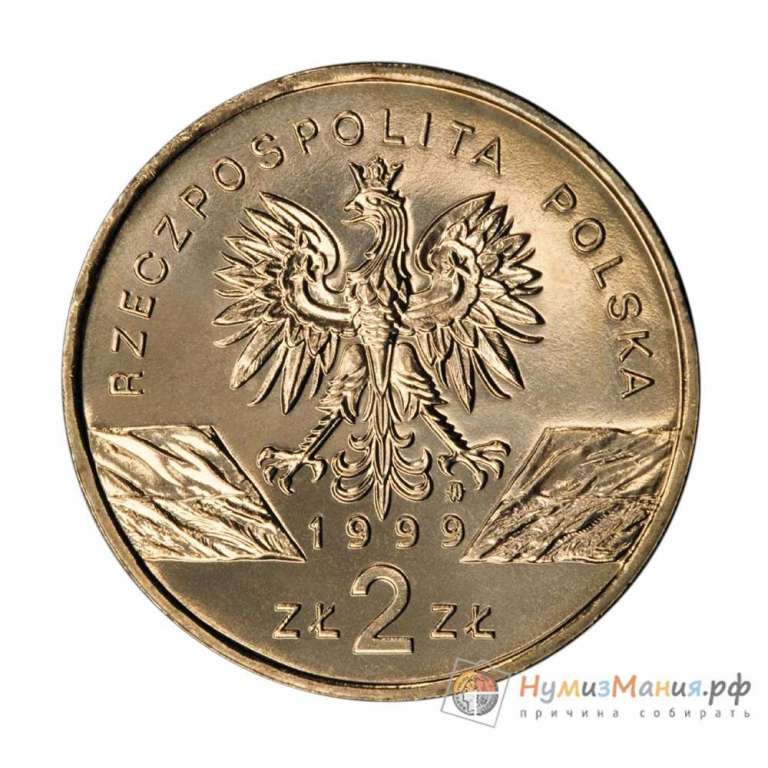 (024) Монета Польша 1999 год 2 злотых &quot;Волк&quot;  Латунь  UNC