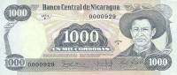 (,) Банкнота Никарагуа 1985 год 1 000 кордоба "Аугусто Сандино"   UNC