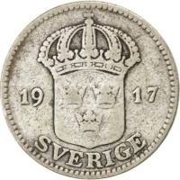 (1917) Монета Швеция 1917 год 25 эре   Серебро Ag 600  UNC