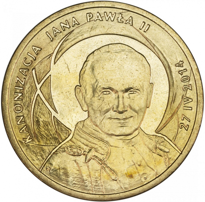 (259) Монета Польша 2014 год 2 злотых &quot;Канонизация Папы Иоанна Павла II&quot;  Латунь  UNC