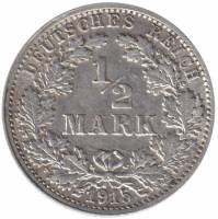 (1915f) Монета Германия (Империя) 1915 год 1/2 марки   Серебро Ag 900  XF