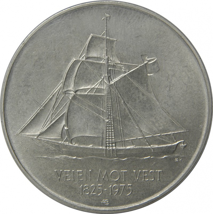 (1975) Монета Норвегия 1975 год 5 крон &quot;Иммиграция в Америку. 150 лет. Корабль&quot;  Медь-Никель  XF